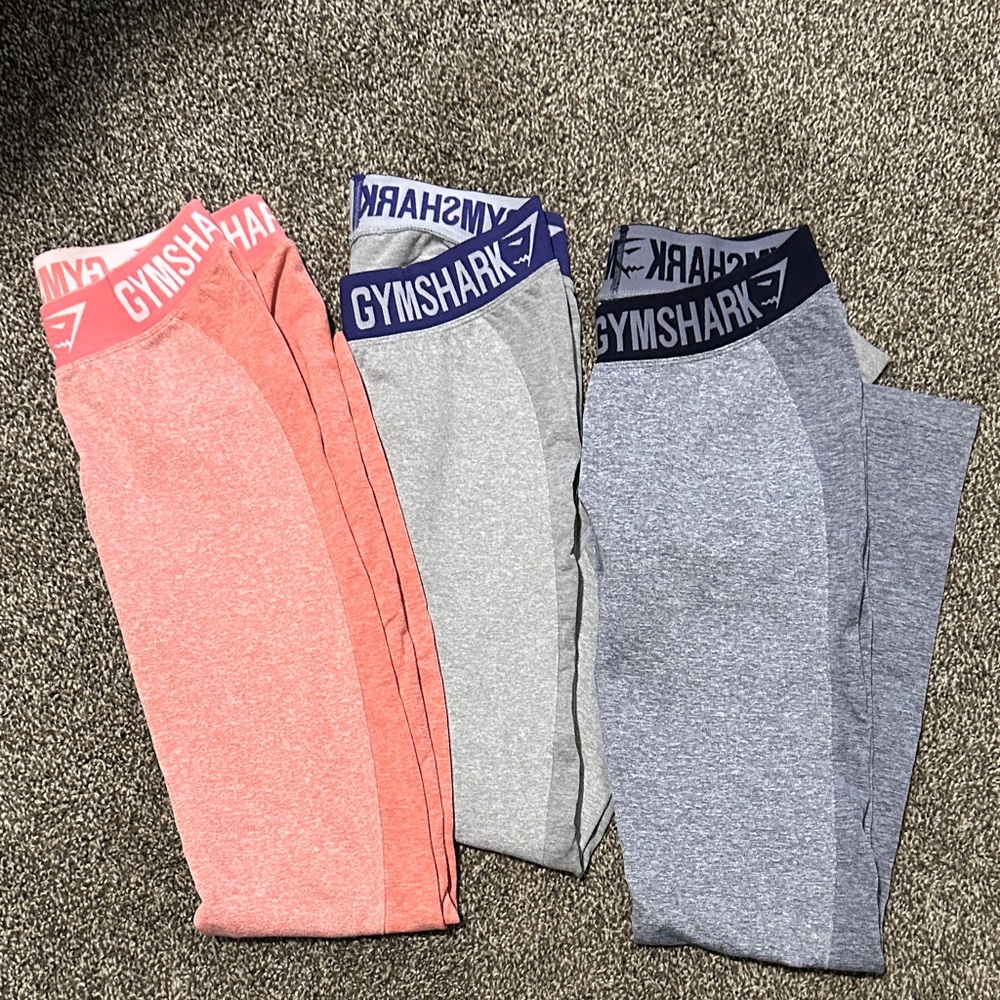 Gymshark Women’s Flex Leggings - Coral, Light Gray, and Blue/Gray